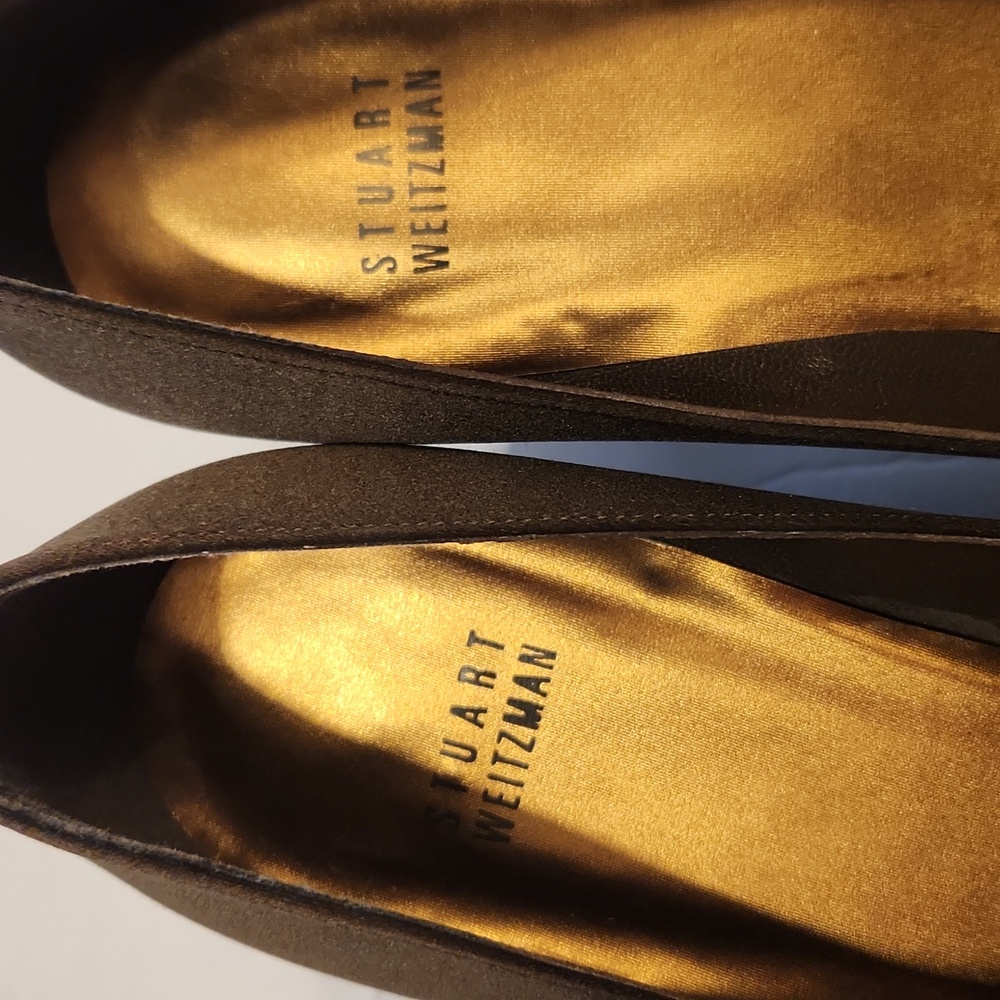 Stuart Weitzman Satin High Heel Open Toe Pumps With Bow Detail In Brown Size 9M - Picture 6 of 11